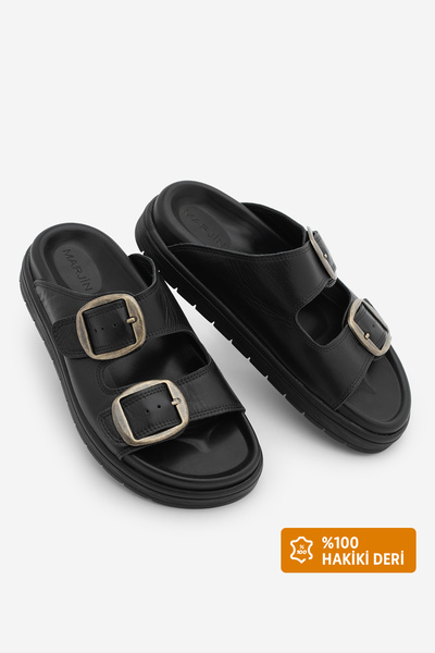 Marjin Women's Genuine Leather Buckle Thick Sole Daily Slippers Rontes Black