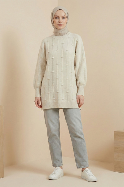 FERHEL Women's Slit Tunic with Pompom Detail - Cream