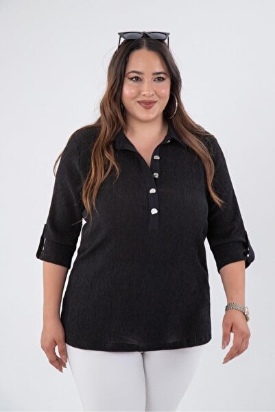 Roxxlen Bluză de damă mărime mare, cu nasturi, neagră