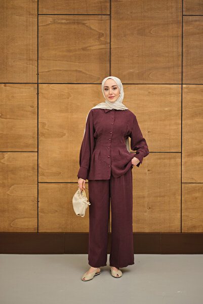 LOCCO Kadın Beli Pile Detay İki Kemerli Gömlek Yaka Takım Bordo