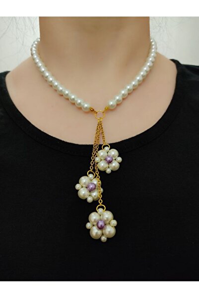 Shiklik قلادة أنيقة مزينة بالزهور مع تفاصيل من اللؤلؤ - مزينة بسلسلة ذهبية