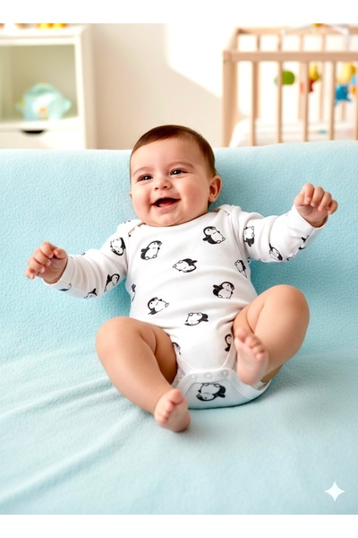 BEREN BabyToo %100 Pamuklu Penguen Desenli Bebek Body Zıbın - Uzun Kollu Beya...