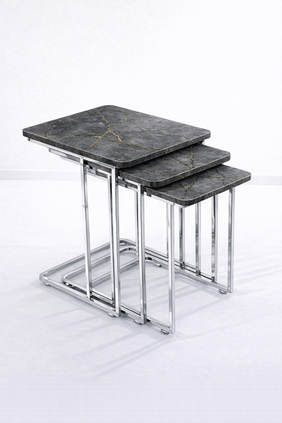 Riyes Tasarım C Zigon KROM Tekerlekli 3'lü Sehpa Seti – Metal Ayaklı – Modern...