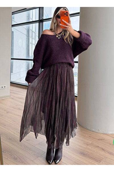 Mzr Collection KADIN BORDO GEÇİŞLİ ASTARLI LASTİKLİ ŞİFON ETEK