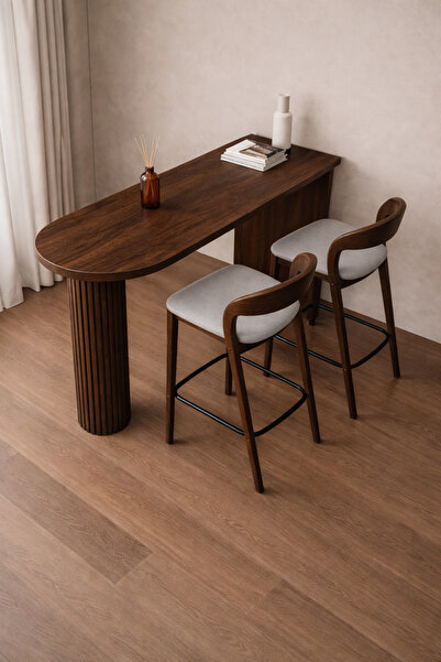 Trihome Masif Ahşap Koyu Ceviz Modern Bar Masası – Flüt Ayaklı, El Yapımı Tas...