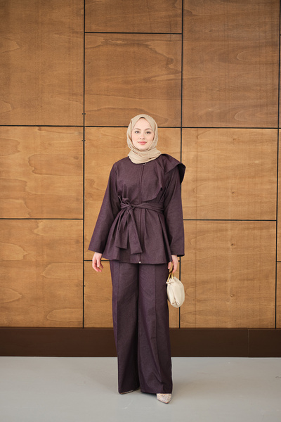 LOCCO Women's Shoulder Drawstring Detailed Zippered Waist Tie Suit Purple