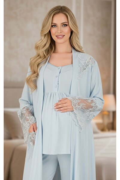 Lohussa New Season Blue Lace Detailed Short Sleeve Summer Maternity Long Dres...