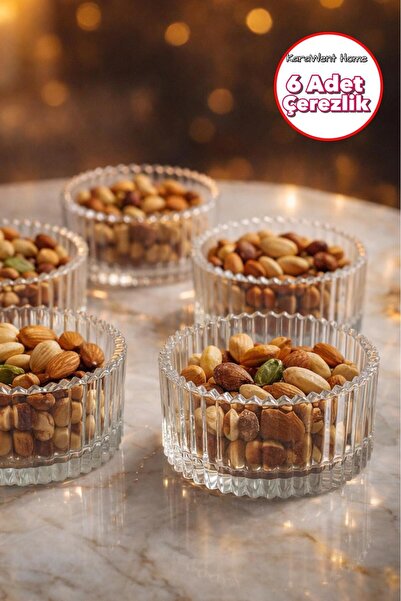 KaraWent Home 6'lı Cam Çerezlik Seti | Çizgili Desenli Kase Magnolya, Lokumlu...