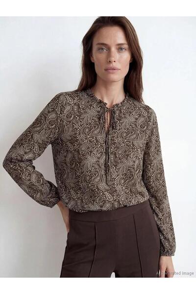 LC Waikiki Brown Tie-Neck Patterned Blouse (S6)