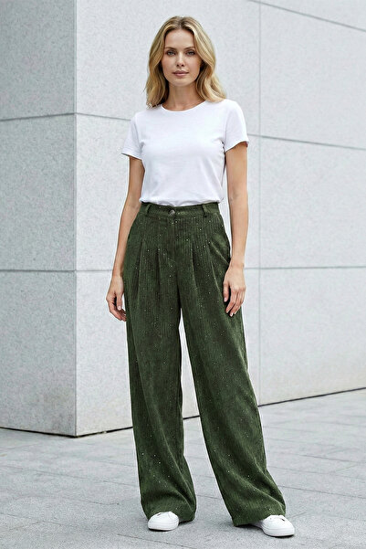 FERHEL Velvet Pants with Pockets and Wide Legs with Sequin Detail - Khaki