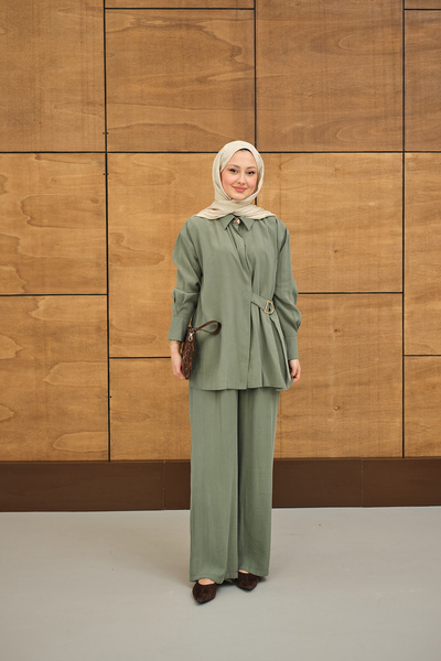 LOCCO Women's Waist Gold Belt Detail Shirt Collar Suit Green