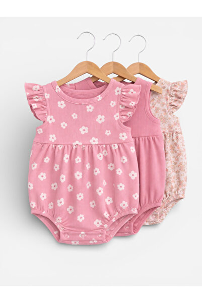 Victor and Jane Baby Girls Floral Sleeveless Romper – Pack of 3 (Soft Pink & ...