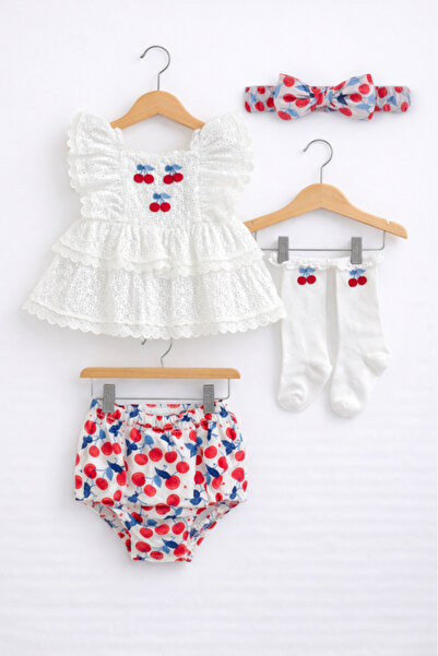Victor and Jane Baby Girls’ 4-Piece Broderie Dress Set – Cherry Print Bloomer...