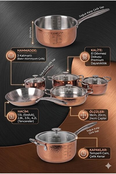 GUNES ZUCCACIYE Arow Meisa Copper Plated 3-Tier Steel 9-Piece Cookware Set