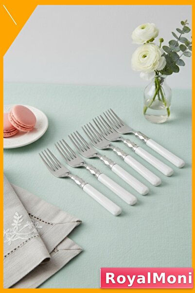 royalmoni Modern White Handle 6Pcs Stainless Steel Dinner Forks Set