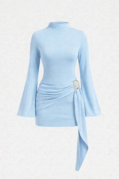 oshebu Women's High Neck Buckle Detailed Belted Mini Dress