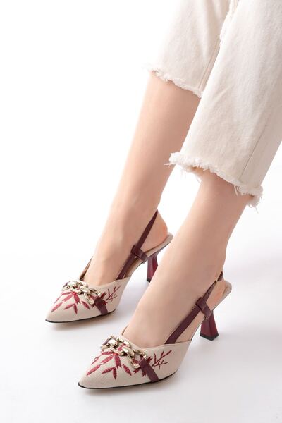 infon shoes creation حذاء نسائي بكعب K-250 من الكتان العنابي مفتوح من الخلف ب...