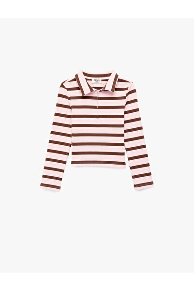 Koton Βαμβακερό μακρυμάνικο μπλουζάκι με μισό φερμουάρ και ριγέ λαιμόκοψη πόλο