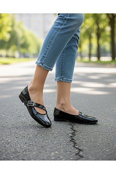 KAFKASLAR AYAKKABI New Model with Straps, Non-Slip Flat Sole, Shiny Women's B...