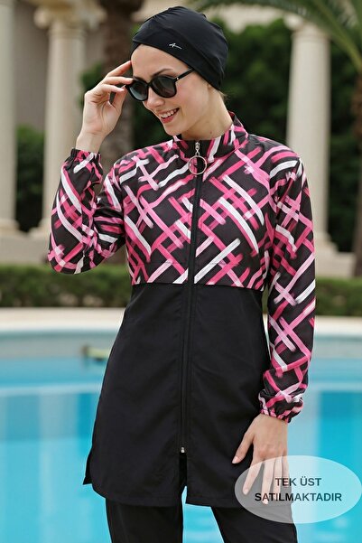 armonika Patterned Top, High Collar, Front Zipper, Elastic, Quick Drying, Bur...