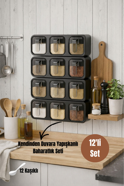 Dory 12'Li Kendinden Duvara Yapışkanlı Kaşıklı Baharatlık Takımı - Baharat St...