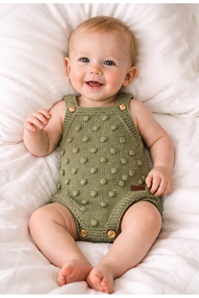 Handmade El Örgüsü Bebek Tulum Ponpon Dokulu Askılı Organik Yün Bebek Kıyafet...