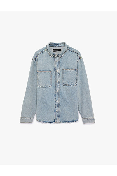 Koton Long Sleeve Pocketed Buttoned Shirt Collar Oversized Jean Shirt Jacket