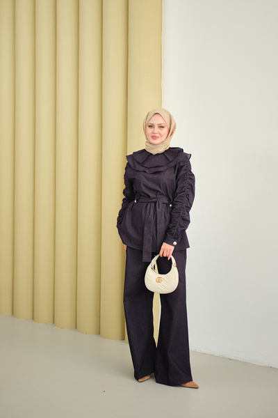 LOCCO Women's Sleeveless Gathered Button Detail Waist Tie Suit Purple