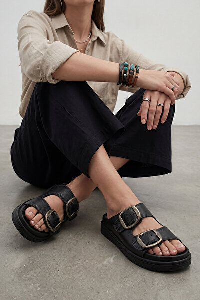 Marjin Women's Genuine Leather Buckle Thick Sole Daily Slippers Rontes Black