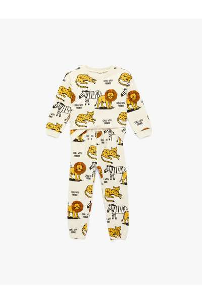 Koton Crew Neck Long Sleeve Cotton Animal Print Tracksuit Set - Set of 2