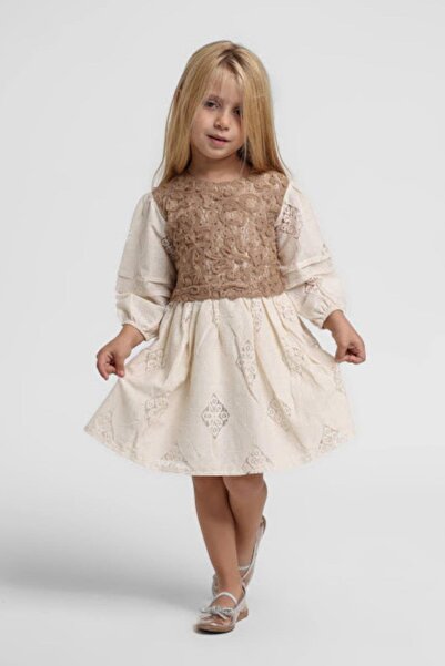 Escabel Kız Bebek 1-5 Yaş Fistolu Müslin Elbise Bej