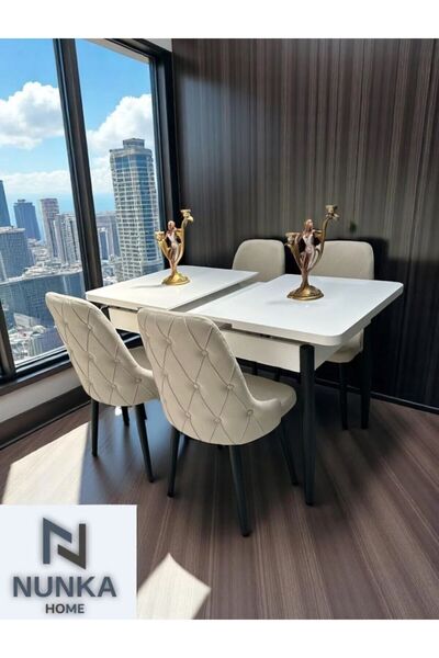 NUNKA HOME Şato Serisi Mutfak ve Salon Yemek Masası Takımı +4 Sandalyeli Beya...
