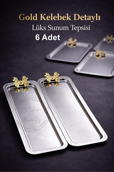 Kitchen Beauty 6'lı Gold Kelebek Detaylı Paslanmaz Çelik Kahve Tepsisi Şık Ka...