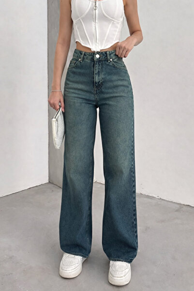 Gussi Women's Green Tinted High Waist Palazzo Jeans