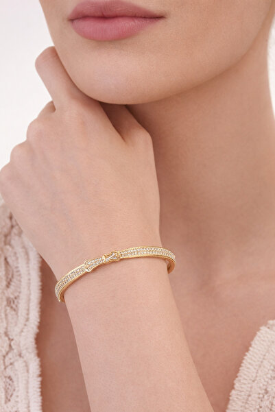 SFS Store Altın Kaplama Zirkon Taşlı Kelepçe Çelik Bileklik