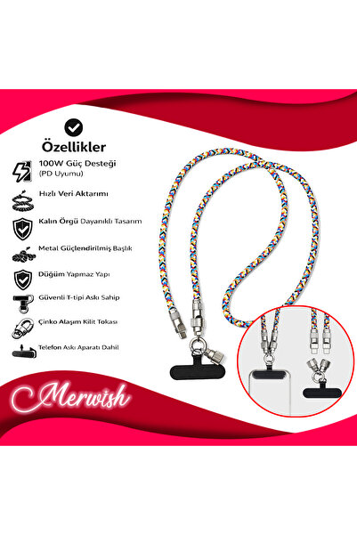 Merwish 100W PD Destekli 2si1 Arada Askılı Şarj Kablosu Type C Hızlı Şarj ve ...