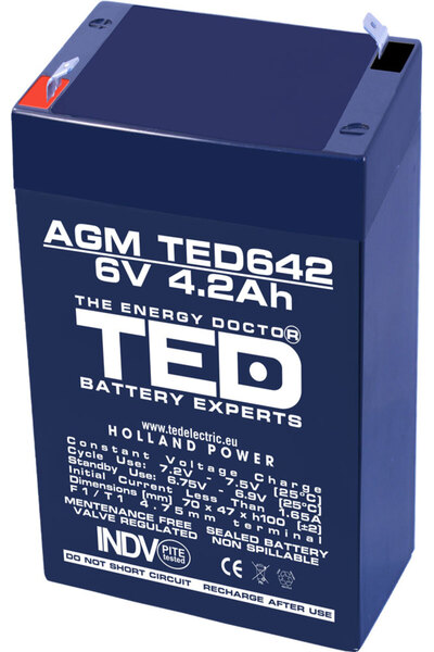 OEM Acumulator AGM VRLA 6V 4.2Ah plumb acid 70x47x100 mm F1 terminal TED Batt...
