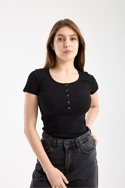 HDM Kadın Esnek Fitilli Yakası Çıtçıtlı Siyah Kısa Kol Basic Örme Bluz - H5993