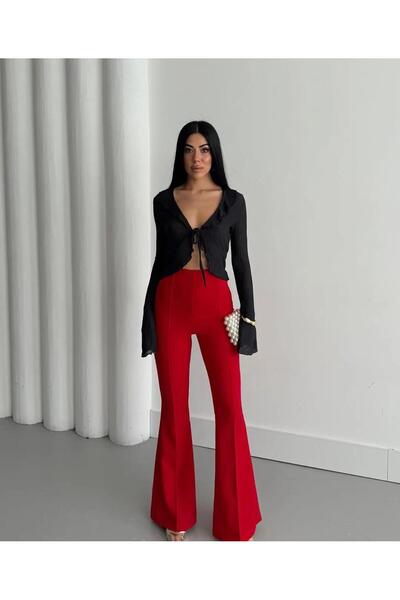 modahira Moda Hira Kadın Kırmızı Yüksek Bel İspanyol Paça Pantolon