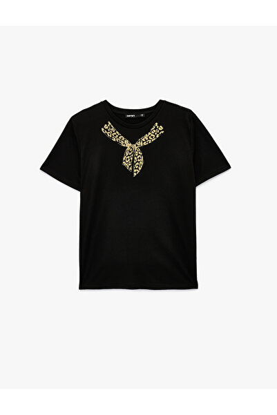 Koton Short Sleeve Crew Neck T-Shirt with Leopard Scarf Print Detail