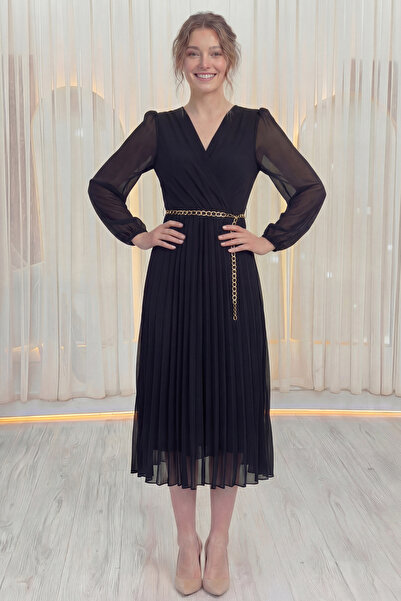 zks grup tekstil Women's Double Breasted Collar Pleated Belted Midi Dress Bla...