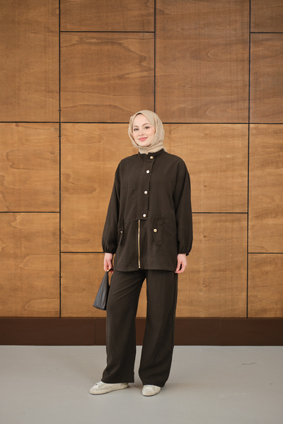 LOCCO Women's Gold Buttoned Double Pocket Zipper Suit Brown