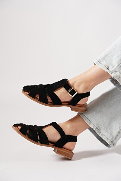 Moda Pie Sorte direct women's genuine leather sandals with side buckle - blac...