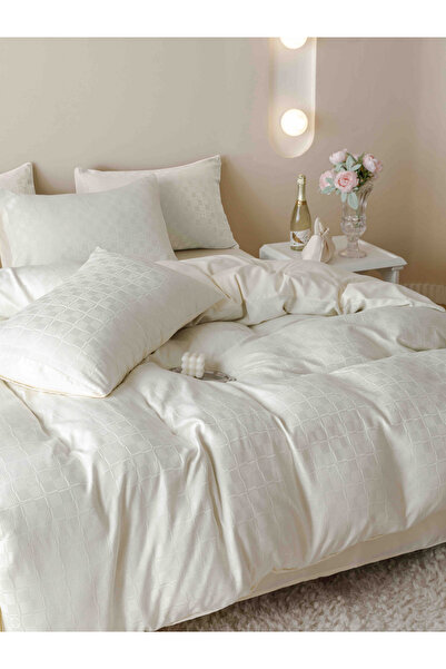 JOJO HOME Lenjerie de pat, 2 persoane, 6 piese, jacard fin, crem