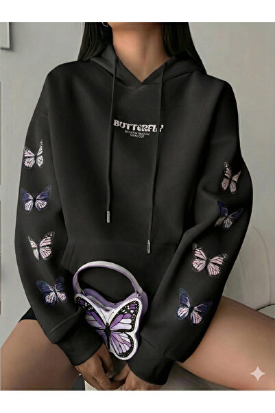 NİCE Kadın Kelebek Mimimal Baskılı Siyah Hoodie