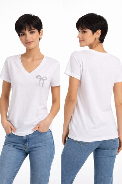 TWINTICKS Stone Detailed Ribbon Printed White Women's T-Shirt – V-Neck Cotton...