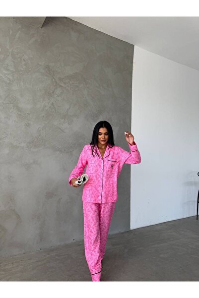 Loraofsilk PEMBE VS ÇİZGİ KALP BASKILI İPEK SATEN PİJAMA TK