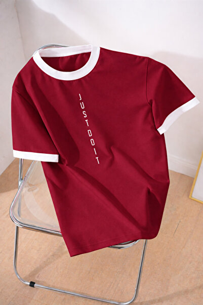 Revasser Unisex Men/Women Burgundy White Collar Justdoit Custom Printed Overs...