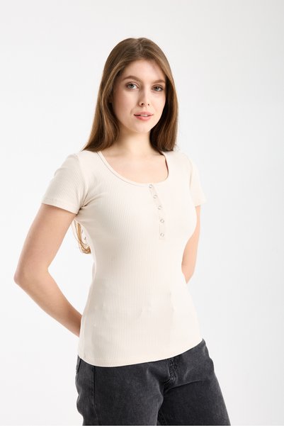HDM Women's Stretchy Ribbed Collar with Snap Buttons Ivory Short Sleeve Basic Knitted Blouse - H5993