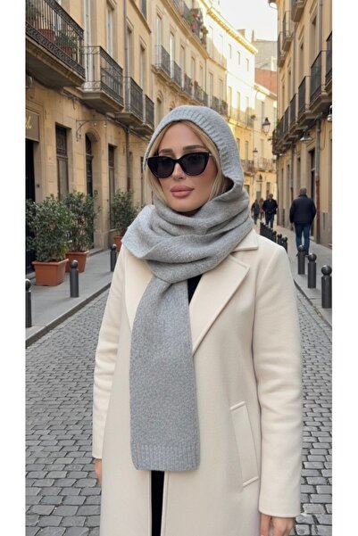 moimaaksesuar Women's Gray Hooded Knitwear Scarf Soft Textured Long Shawl